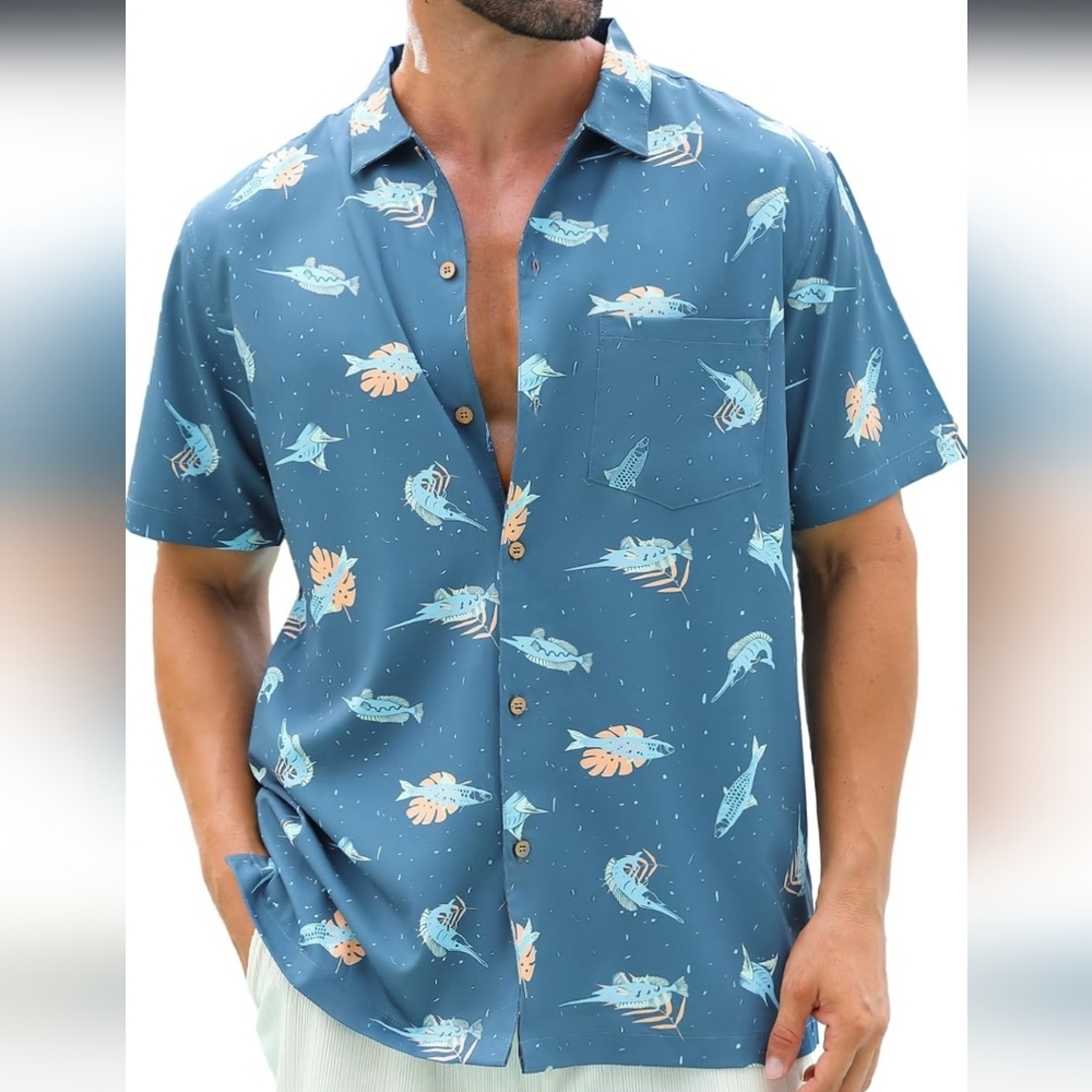 Men's Blue Patterned Short Sleeve Shirt